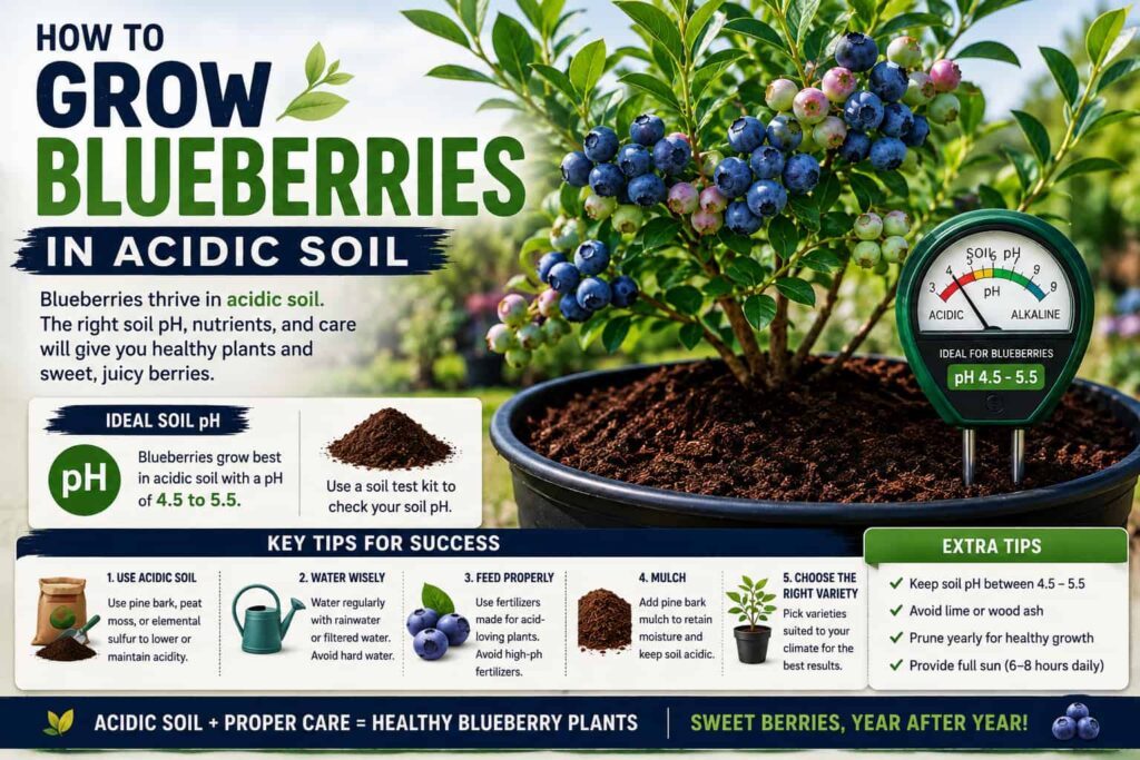 Guide to growing blueberries in acidic soil with ideal pH, watering, mulching, and care tips