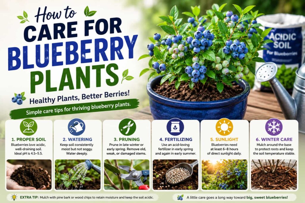 Blueberry plant care guide showing proper soil, watering, pruning, fertilizing, sunlight, and winter care