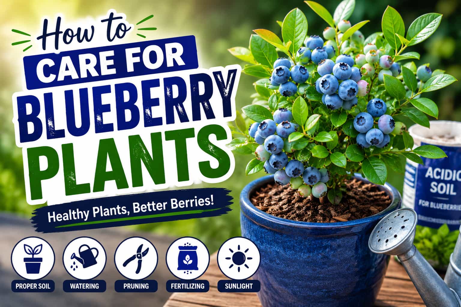 How to care for blueberry plants with proper soil, watering, pruning, fertilizing, and sunlight