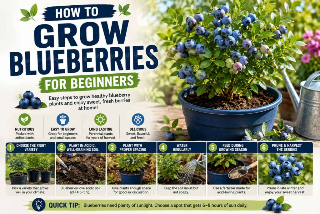 How to grow blueberries for beginners with a potted blueberry plant, acidic soil, sunlight, watering, and fresh berries