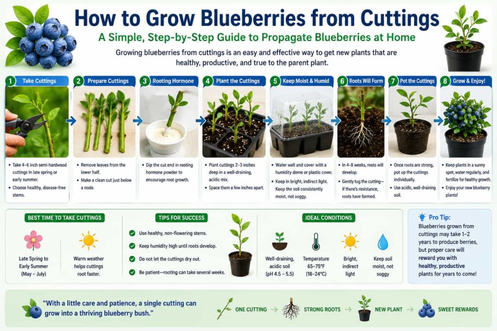 Step-by-step guide showing how to grow blueberries from cuttings, from preparing stems and rooting to potting and growing healthy blueberry plants