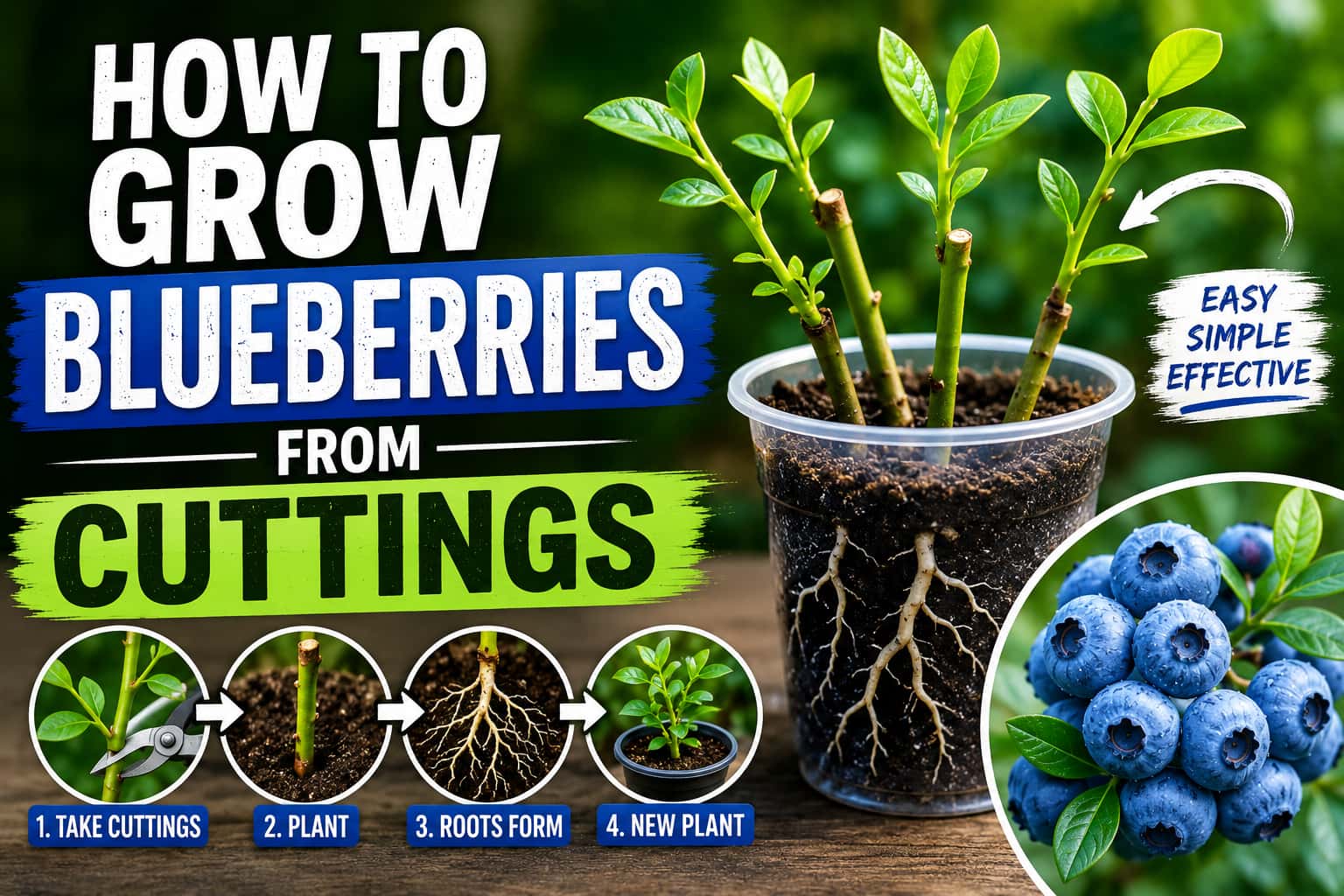 How to grow blueberries from cuttings showing planted stems developing roots and new blueberry plants