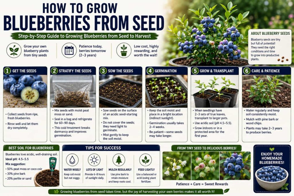 Step-by-step guide showing how to grow blueberries from seed, including seed stratification, germination, transplanting, and plant care