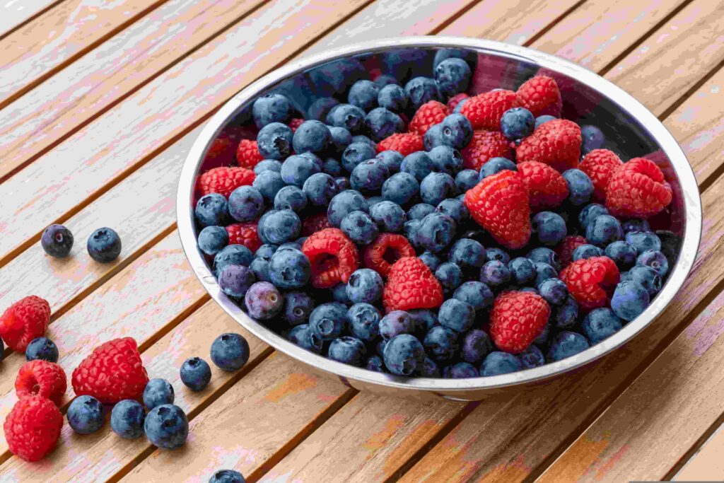 Healthy blueberries growing on blueberry bushes in a garden