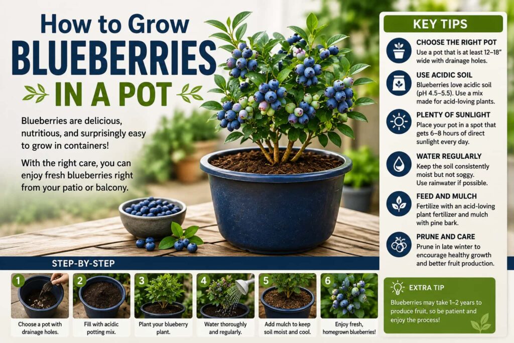 Step-by-step guide showing how to grow blueberries in a pot at home