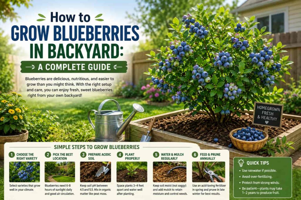 Backyard blueberry growing guide showing a healthy blueberry plant, planting steps, soil preparation, watering, mulching, feeding, and pruning