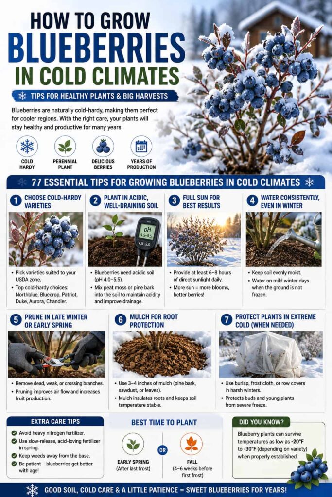 How to grow blueberries in cold climates with tips for cold-hardy varieties, acidic soil, winter watering, pruning, mulching, and frost protection