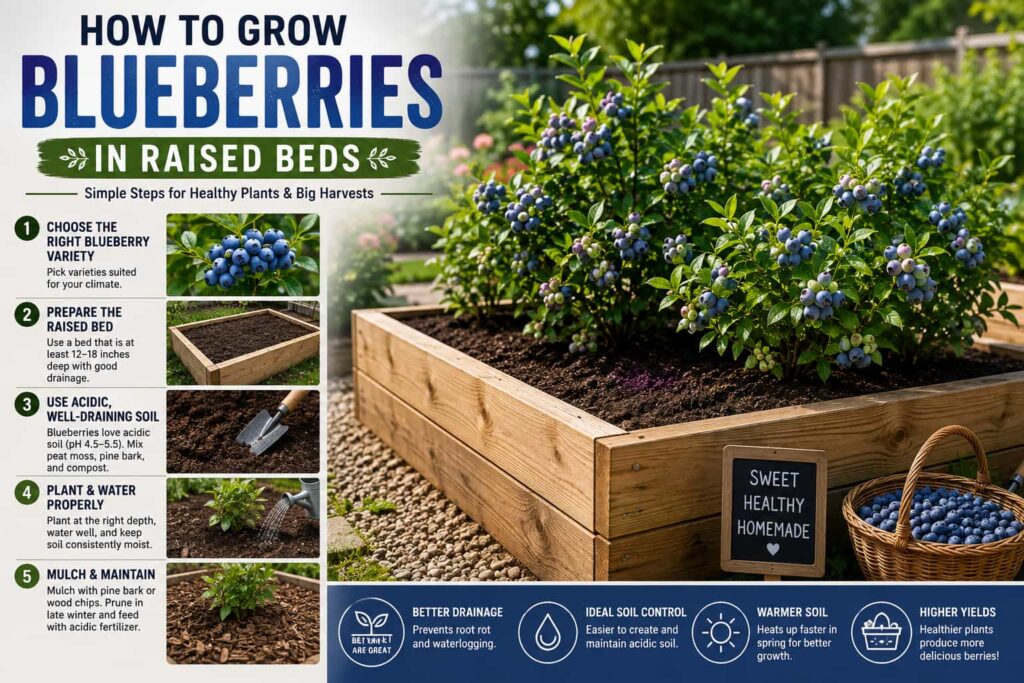 How to grow blueberries in raised beds with acidic soil, proper watering, mulching, and healthy blueberry plants