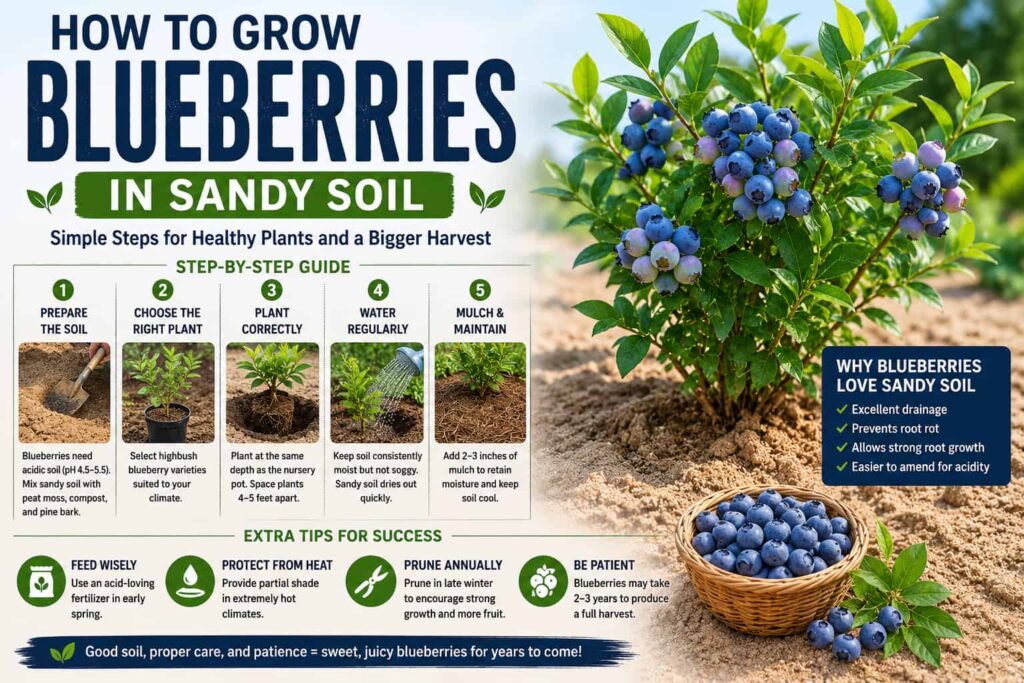 Step-by-step guide showing how to grow blueberries successfully in sandy soil