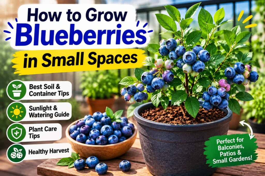 Potted blueberry plant with ripe blueberries showing how to grow blueberries in small spaces