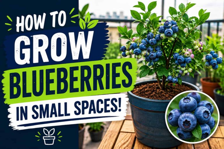 Blueberry plant growing in a container on a small balcony with ripe blueberries