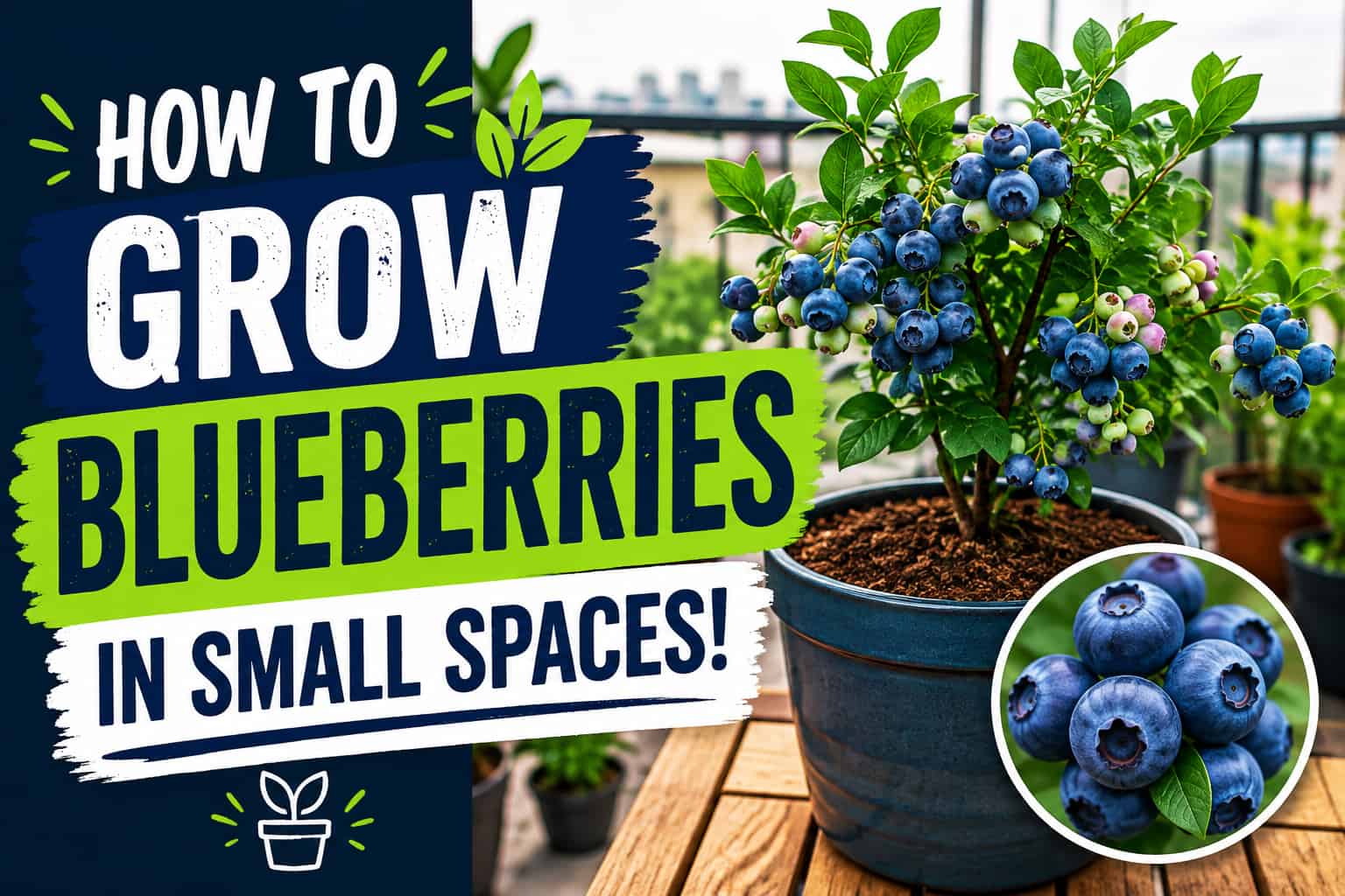Blueberry plant growing in a container on a small balcony with ripe blueberries