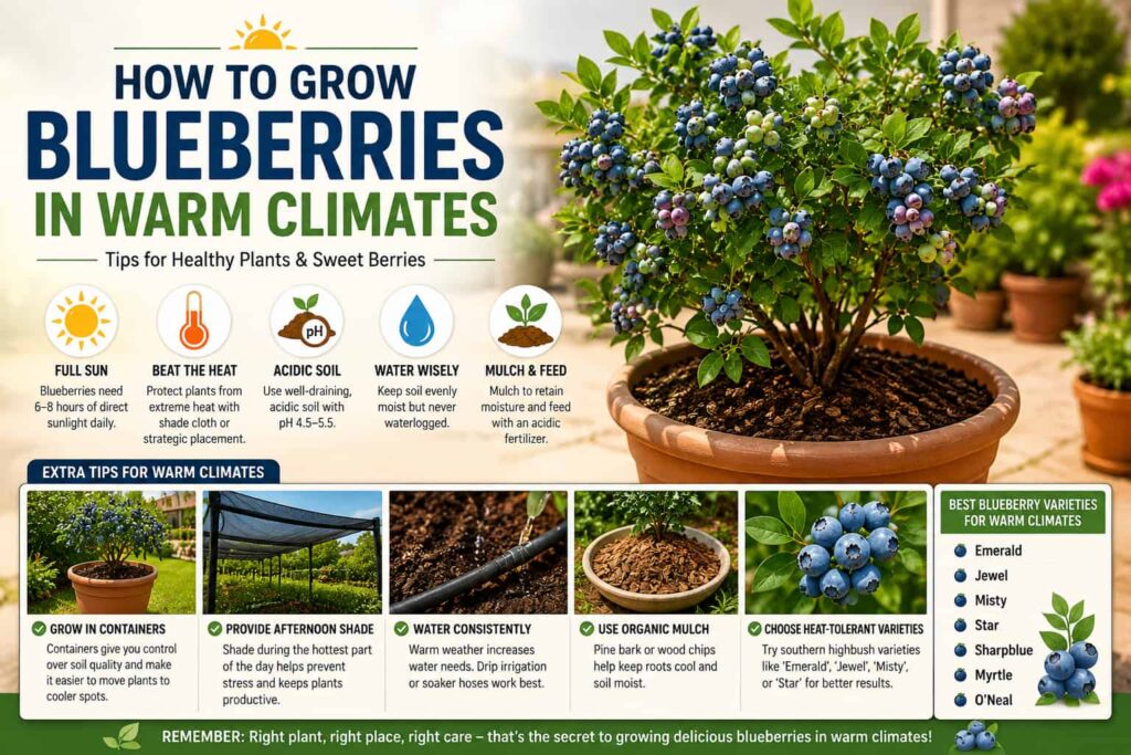 How to grow blueberries in warm climates with tips for sunlight, acidic soil, watering, mulch, shade, and heat protection