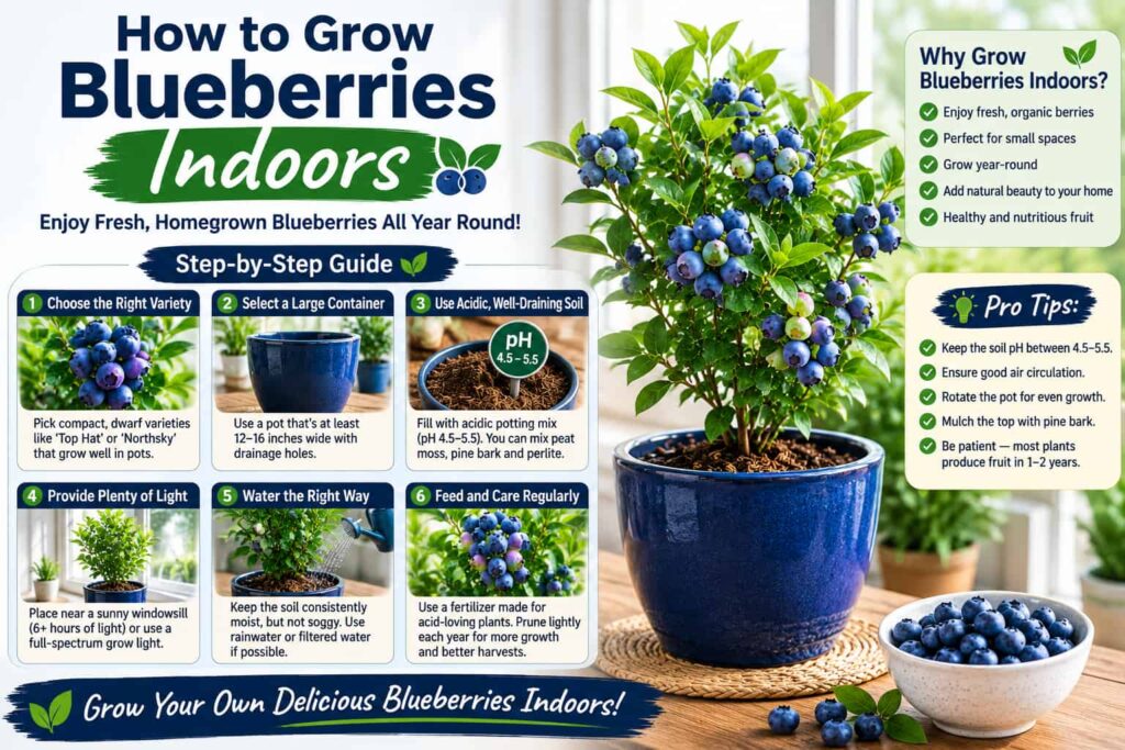 Step-by-step guide to growing blueberries indoors in containers with proper light, acidic soil, watering, and care