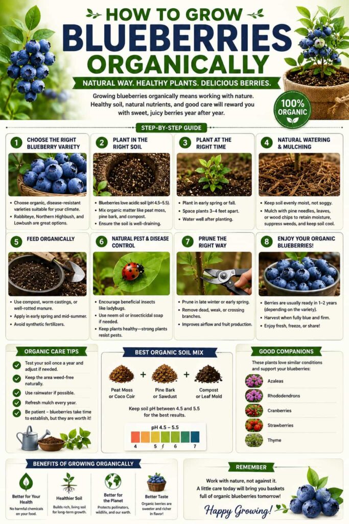Step-by-step guide to growing blueberries organically with acidic soil, natural watering, compost, pest control, pruning, and harvesting