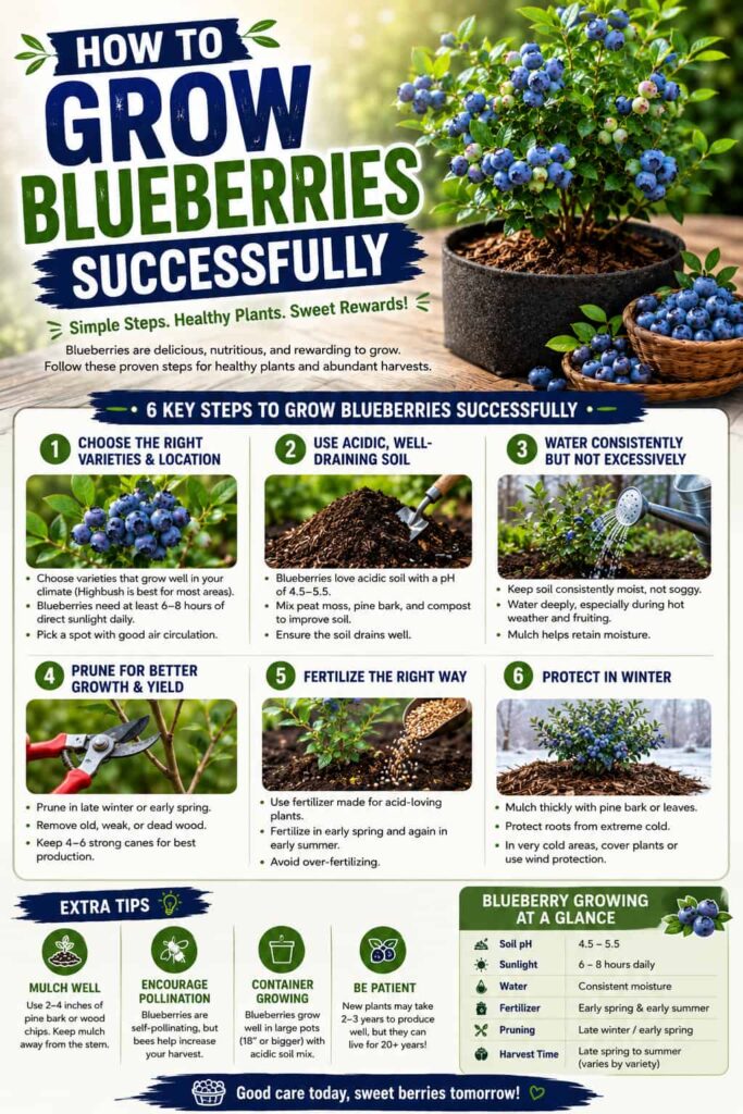 How to grow blueberries successfully with steps for soil, watering, pruning, fertilizing, sunlight, and winter protection