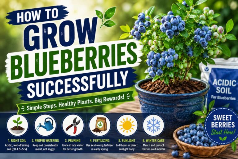 How to grow blueberries successfully with proper soil, watering, pruning, fertilizing, sunlight, and winter care
