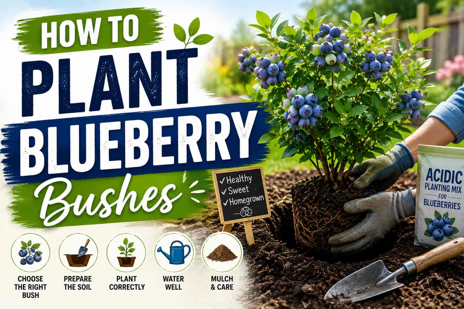 How to plant blueberry bushes with a gardener planting a healthy blueberry bush in prepared soil