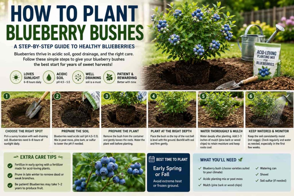 Step-by-step guide showing how to plant blueberry bushes with acidic soil, proper planting depth, watering, mulching, and care