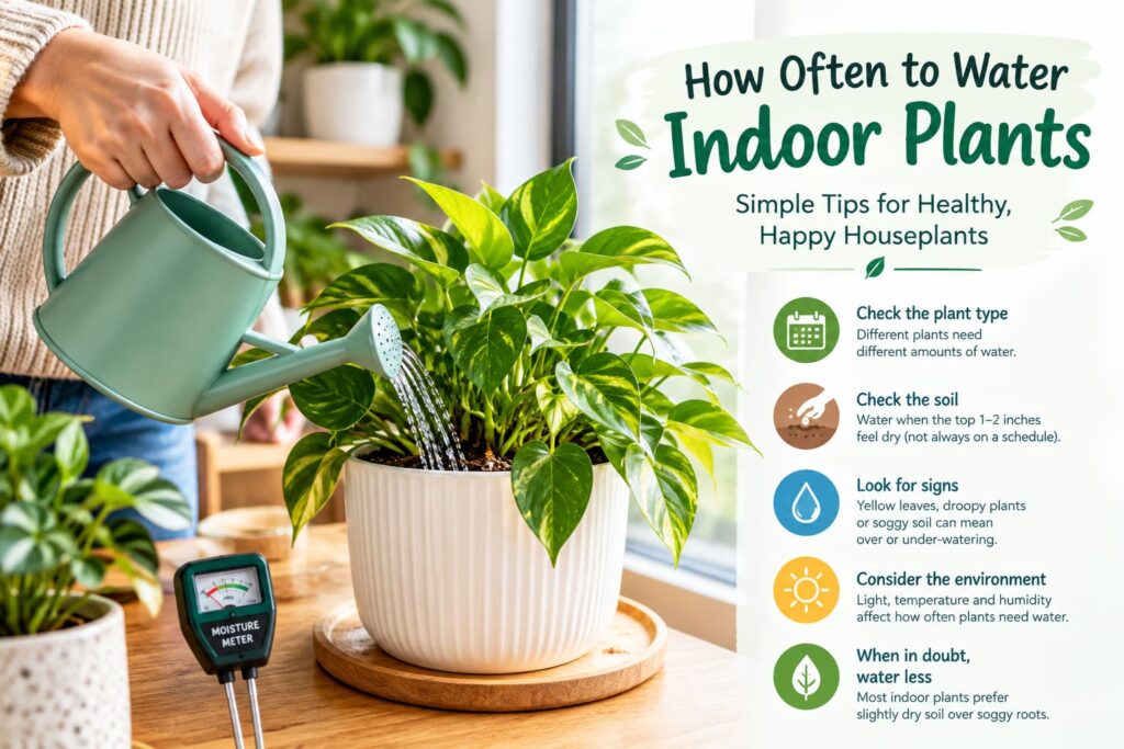 How often to water indoor plants with a watering can, healthy houseplants, and soil moisture tips
