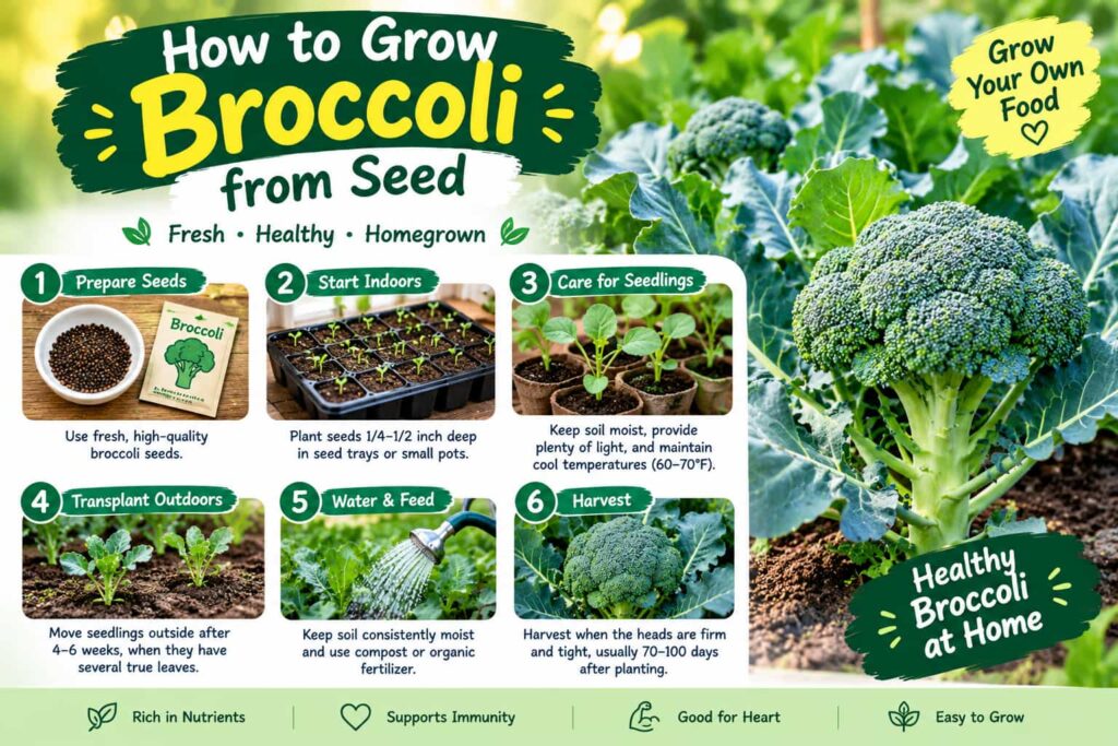How to grow broccoli from seed with steps for planting, caring for seedlings, watering, and harvesting