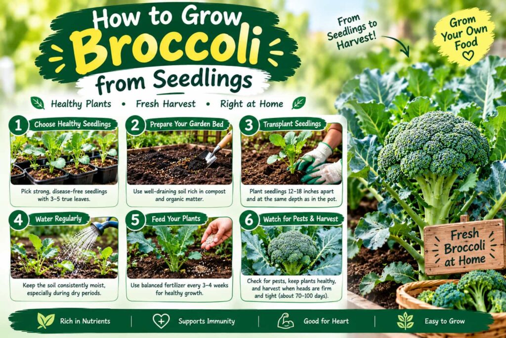 How to grow broccoli from seedlings with steps for transplanting, watering, feeding, pest care, and harvesting
