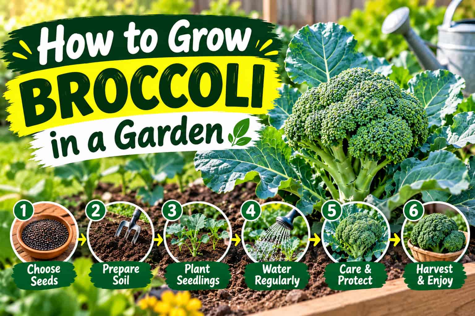 How to grow broccoli in a garden with steps for choosing seeds, preparing soil, planting, watering, caring for, and harvesting broccoli