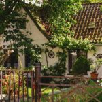 A rustic white cottage with a weathered tiled roof surrounded by lush green trees, plants, climbing vines, decorative wooden wheels, and a rusty iron gate in front.