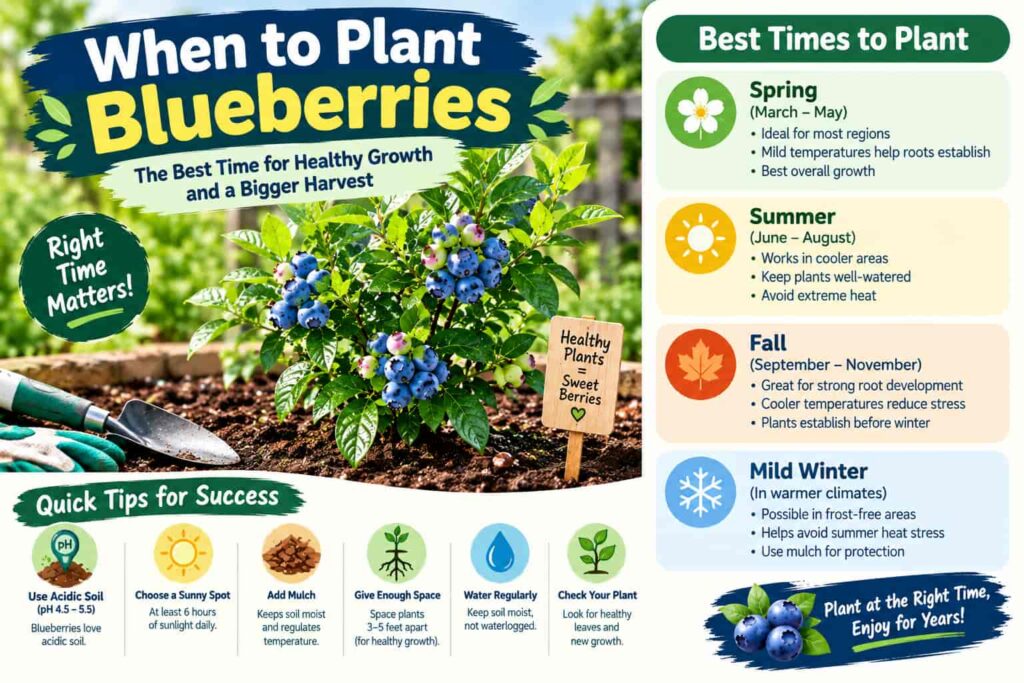 Infographic showing the best times to plant blueberries in spring, summer, fall, and mild winter