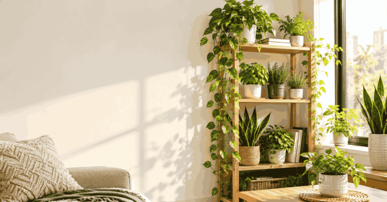 Bright living room with indoor plants on a wooden shelf near a sunny window, featuring pothos, snake plants, and small herb pots in a cozy modern home.