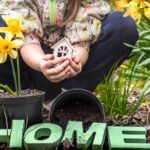 A child squatting in a garden holding a small wooden miniature house in their hands, surrounded by blooming yellow daffodils, potted soil, gardening tools, and wooden letters spelling "HOME".